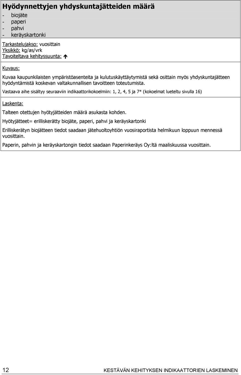 Vastaava aihe sisältyy seuraaviin indikaattorikokoelmiin: 1, 2, 4, 5 ja 7* (kokoelmat lueteltu sivulla 16) Talteen otettujen hyötyjätteiden määrä asukasta kohden.