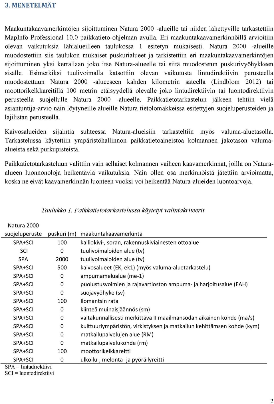 Natura 2000 -alueille muodostettiin siis taulukon mukaiset puskurialueet ja tarkistettiin eri maakuntakaavamerkintöjen sijoittuminen yksi kerrallaan joko itse Natura-alueelle tai siitä muodostetun