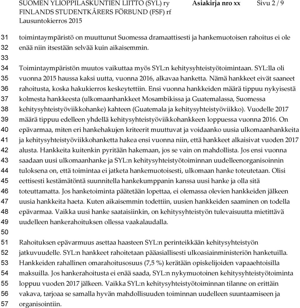 SYL:lla oli vuonna 2015 haussa kaksi uutta, vuonna 2016, alkavaa hanketta. Nämä hankkeet eivät saaneet rahoitusta, koska hakukierros keskeytettiin.