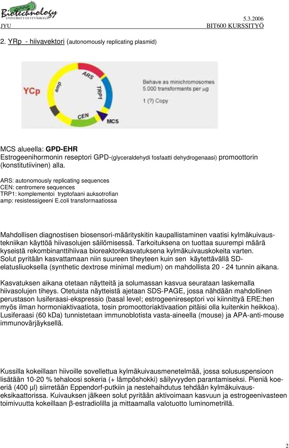 coli transformaatiossa Mahdollisen diagnostisen biosensori-määrityskitin kaupallistaminen vaatisi kylmäkuivaustekniikan käyttöä hiivasolujen säilömisessä.