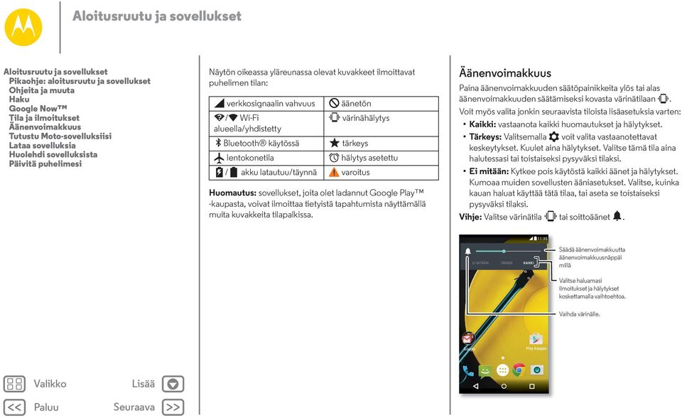 alueella/yhdistetty Bluetooth käytössä tärkeys lentokonetila hälytys asetettu / akku latautuu/täynnä varoitus Huomautus: sovellukset, joita olet ladannut Google Play -kaupasta, voivat ilmoittaa