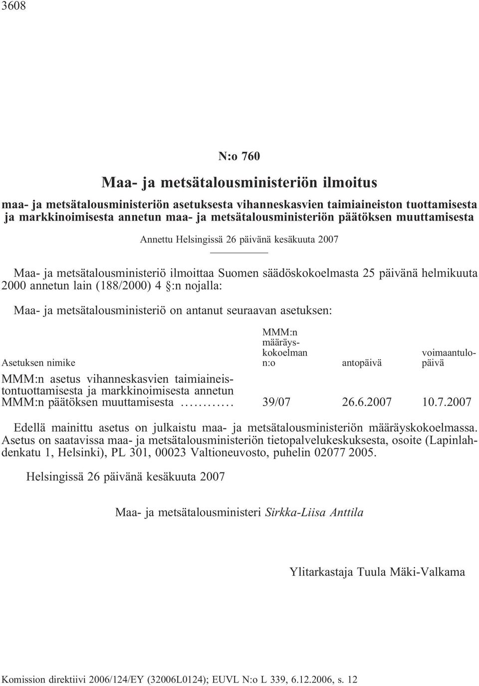 Maa- ja metsätalousministeriö on antanut seuraavan asetuksen: MMM:n määräyskokoelman n:o voimaantulopäivä Asetuksen nimike antopäivä MMM:n asetus vihanneskasvien taimiaineistontuottamisesta ja