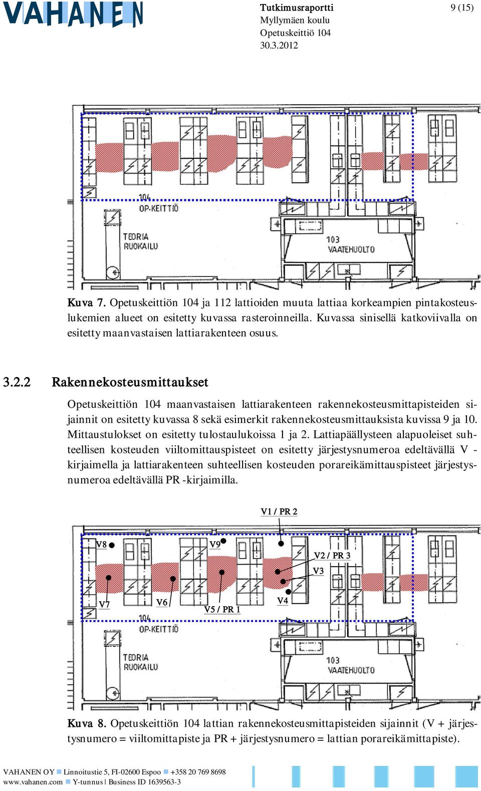2 Rakennekosteusmittaukset Opetuskeittiön 104 maanvastaisen lattiarakenteen rakennekosteusmittapisteiden sijainnit on esitetty kuvassa 8 sekä esimerkit rakennekosteusmittauksista kuvissa 9 ja 10.