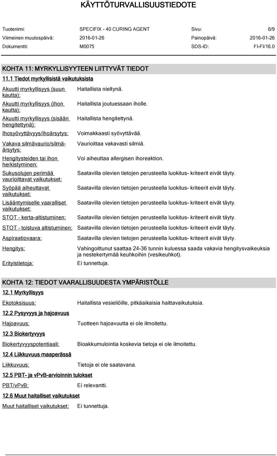 silmävaurio/silmäärsytys: Hengitysteiden tai ihon herkistyminen: Sukusolujen perimää vaurioittavat vaikutukset: Syöpää aiheuttavat vaikutukset: Lisääntymiselle vaaralliset vaikutukset: STOT
