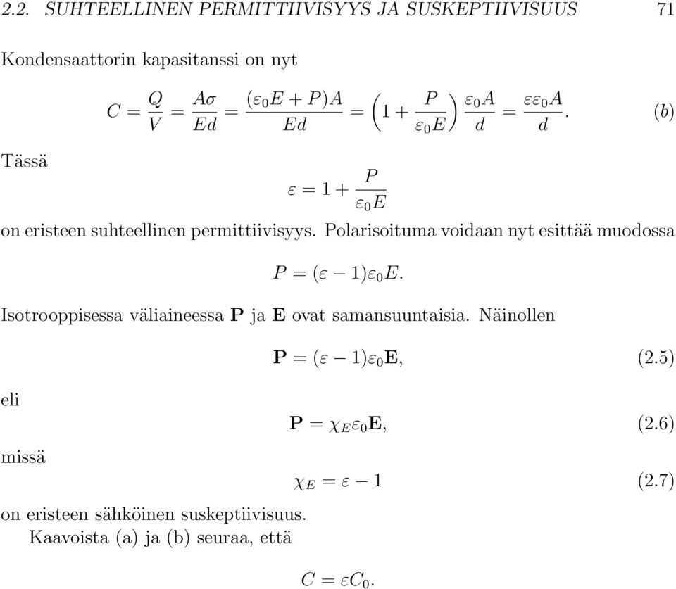 Polarisoituma voidaan nyt esittää muodossa P =(ε 1)ε 0 E. Isotrooppisessa väliaineessa P ja E ovat samansuuntaisia.