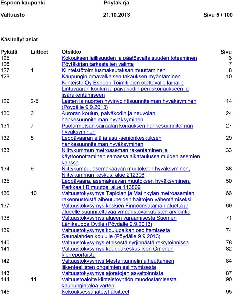 Kiinteistötoimitusmaksutaksan muuttaminen 8 128 Kaupungin omavelkaisen takauksen myöntäminen 10 Kiinteistö Oy Espoon Toimitilojen otettavalle lainalle Lintuvaaran koulun ja päiväkodin