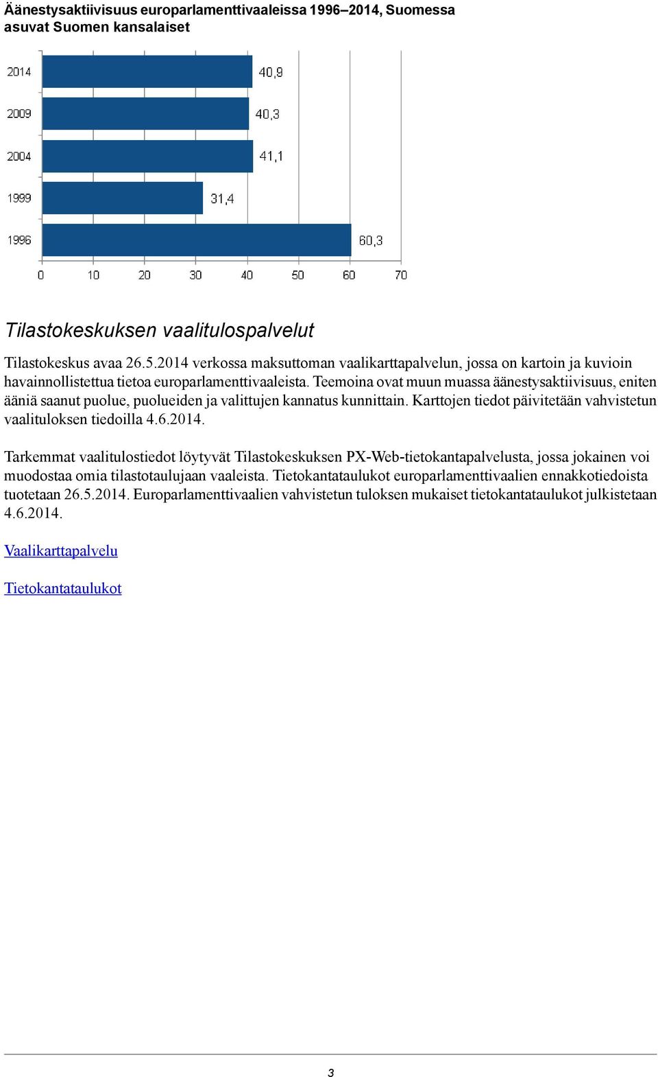 Teemoina ovat muun muassa äänestysaktiivisuus, eniten ääniä saanut puolue, puolueiden ja valittujen kannatus kunnittain. Karttojen tiedot päivitetään vahvistetun vaalituloksen tiedoilla 4.6.2014.