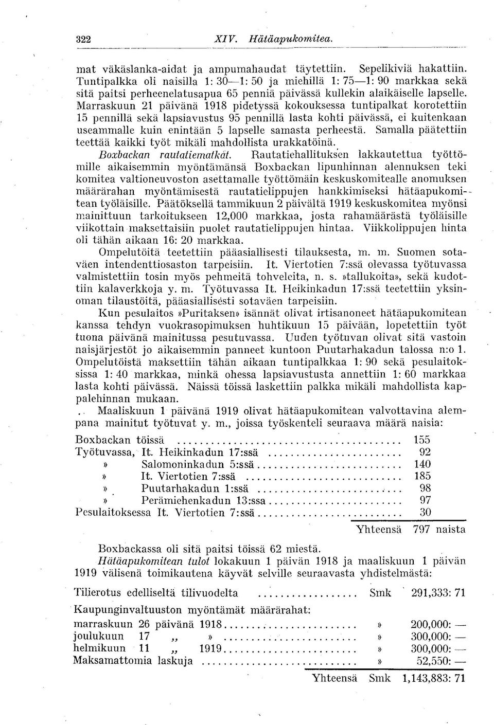 Marraskuun 21 päivänä 1918 pidetyssä kokouksessa tuntipalkat korotettiin 15 pennillä sekä lapsiavustus 95 pennillä lasta kohti päivässä, ei kuitenkaan useammalle kuin enintään 5 lapselle samasta