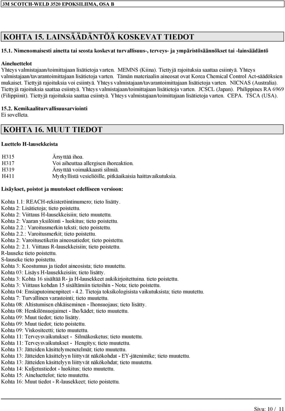 .1. Nimenomaisesti ainetta tai seosta koskevat turvallisuus-, terveys- ja ympäristösäännökset tai -lainsäädäntö Aineluettelot Yhteys valmistajaan/toimittajaan lisätietoja MEMNS (Kiina).