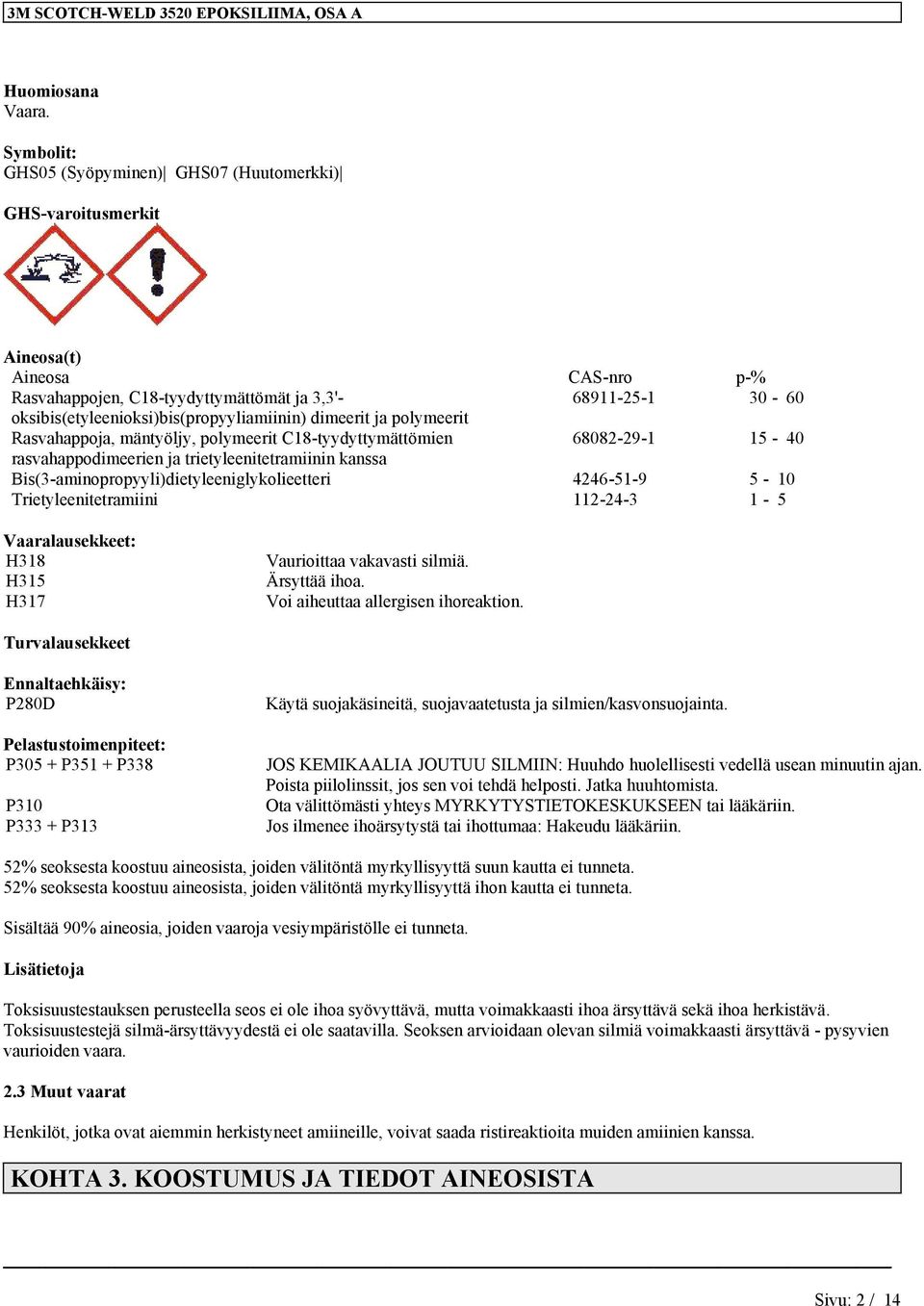 oksibis(etyleenioksi)bis(propyyliamiinin) dimeerit ja polymeerit Rasvahappoja, mäntyöljy, polymeerit C18-tyydyttymättömien 68082-29-1 15-40 rasvahappodimeerien ja trietyleenitetramiinin kanssa