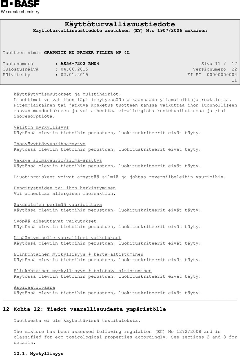 Välitön myrkyllisyys Ihosyövyttävyys/ihoärsytys Vakava silmävaurio/silmä-ärsytys Liuotinroiskeet voivat ärsyttää silmiä ja johtaa reversiibeleihin vaurioihin.