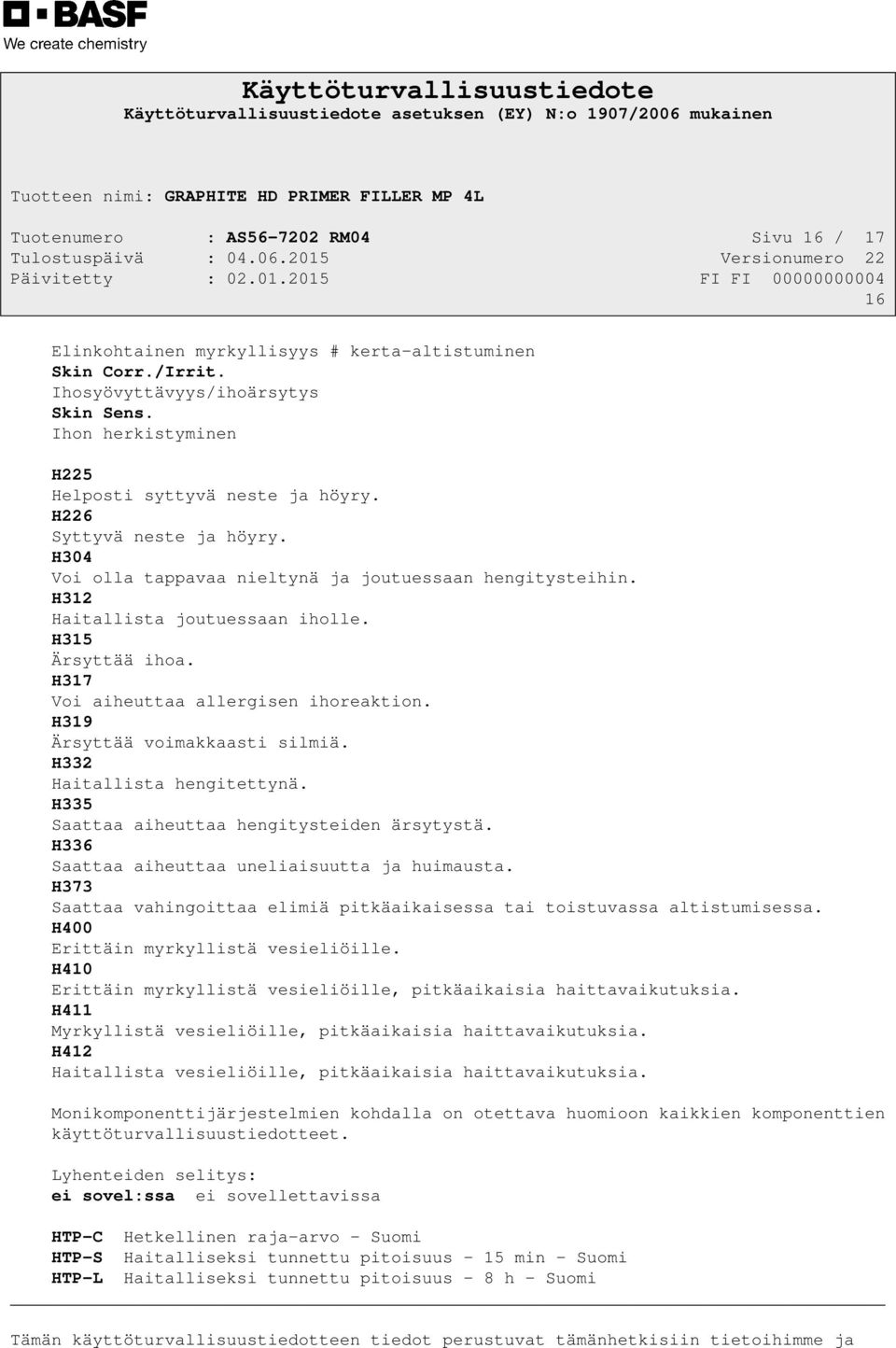 H315 Ärsyttää ihoa. H317 Voi aiheuttaa allergisen ihoreaktion. H319 Ärsyttää voimakkaasti silmiä. H332 Haitallista hengitettynä. H335 Saattaa aiheuttaa hengitysteiden ärsytystä.