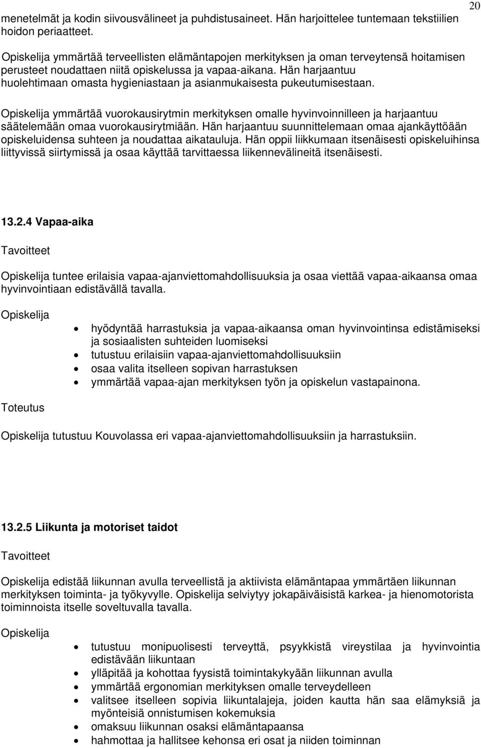 Hän harjaantuu huolehtimaan omasta hygieniastaan ja asianmukaisesta pukeutumisestaan. ymmärtää vuorokausirytmin merkityksen omalle hyvinvoinnilleen ja harjaantuu säätelemään omaa vuorokausirytmiään.