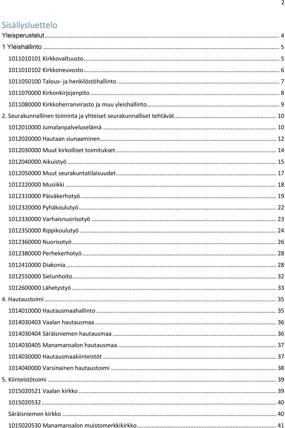 .. 10 1012020000 Hautaan siunaaminen... 12 1012030000 Muut kirkolliset toimitukset... 14 1012040000 Aikuistyö... 15 1012050000 Muut seurakuntatilaisuudet... 17 1012220000 Musiikki.