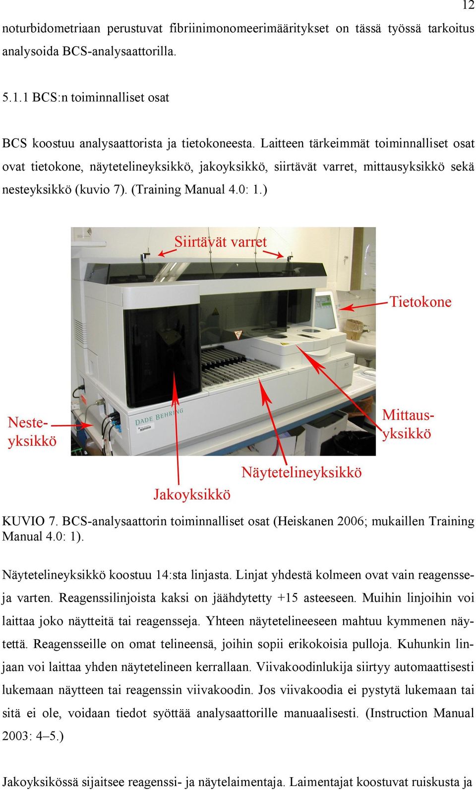 BCS-analysaattorin toiminnalliset osat (Heiskanen 2006; mukaillen Training Manual 4.0: 1). Näytetelineyksikkö koostuu 14:sta linjasta. Linjat yhdestä kolmeen ovat vain reagensseja varten.