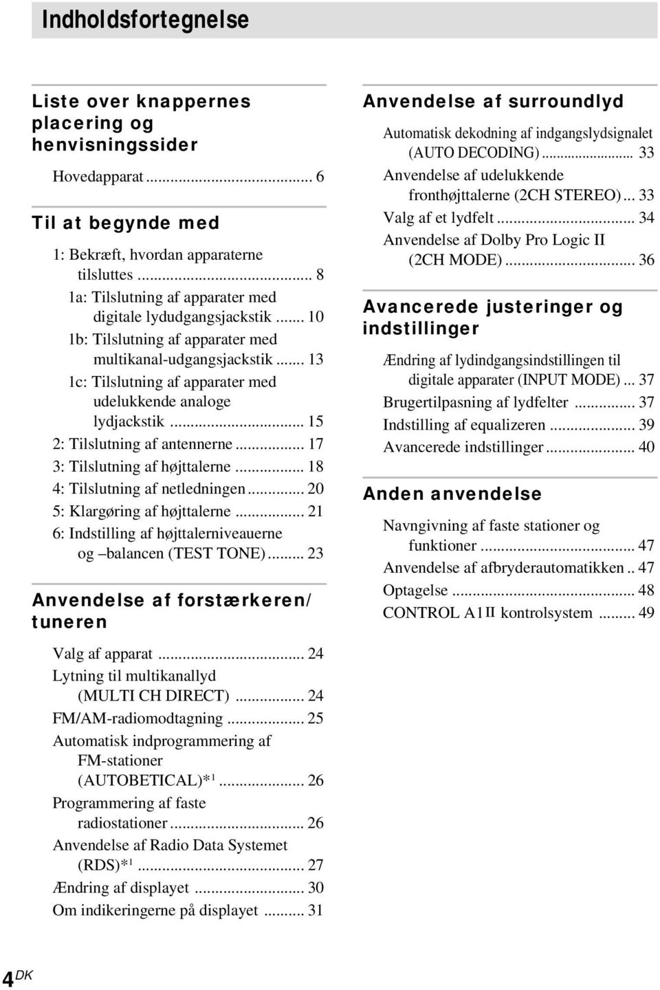 .. 13 1c: Tilslutning af apparater med udelukkende analoge lydjackstik... 15 2: Tilslutning af antennerne... 17 3: Tilslutning af højttalerne... 18 4: Tilslutning af netledningen.