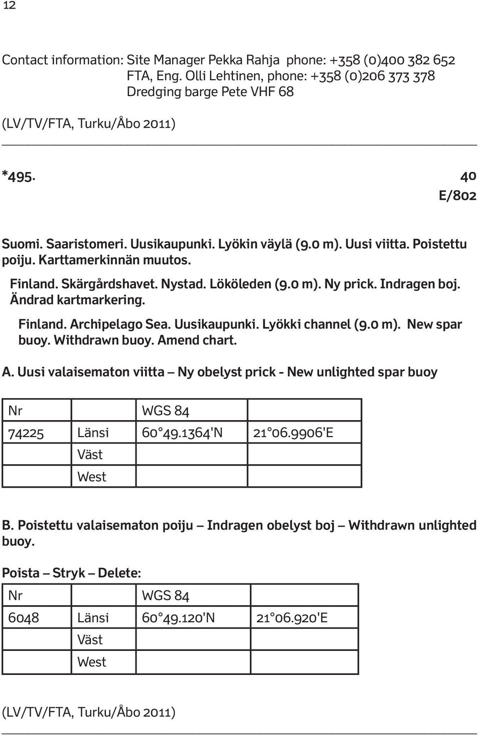 Ändrad kartmarkering. Finland. Archipelago Sea. Uusikaupunki. Lyökki channel (9.0 m). New spar buoy. Withdrawn buoy. Amend chart. A. Uusi valaisematon viitta Ny obelyst prick - New unlighted spar buoy Nr WGS 84 74225 Länsi 60 49.