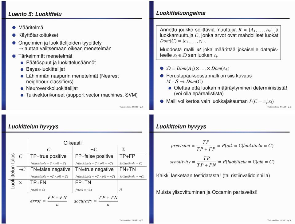 1 Luokitteluongelma Annettu joukko selittäviä muuttujia R={A 1,..., A k } ja luokkamuuttuja C, jonka arvot ovat mahdolliset luokat Dom(C)={c 1,...,c L }.