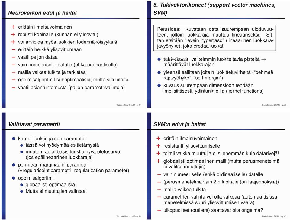 Tukivektorikoneet (support vector machines, SVM) Perusidea: Kuvataan data suurempaan ulottuvuuteen, jolloin luokkaraja muuttuu lineaariseksi.