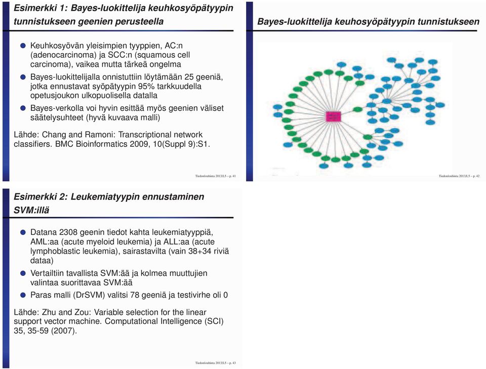 Bayes-verkolla voi hyvin esittää myös geenien väliset säätelysuhteet (hyvä kuvaava malli) Lähde: Chang and Ramoni: Transcriptional network classifiers. BMC Bioinformatics 2009, 10(Suppl 9):S1.