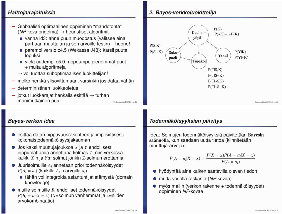 huono! parempi versio c4.5 (Wekassa J48): karsii puuta lopuksi vielä uudempi c5.0: nopeampi, pienemmät puut muita algoritmeja voi tuottaa suboptimaalisen luokittelijan!