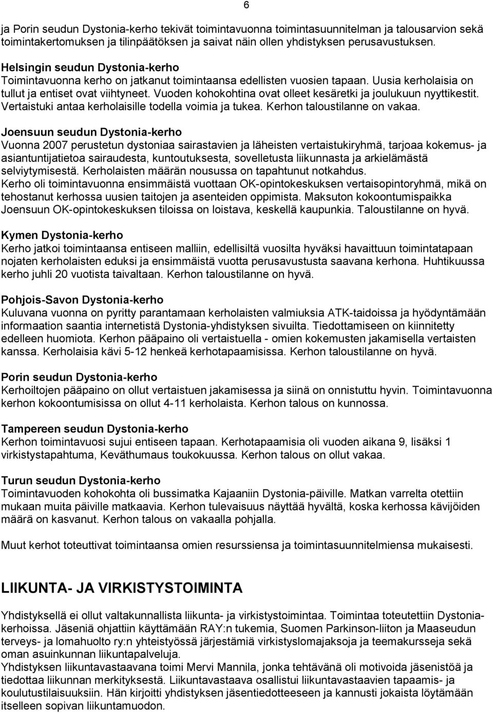 Vuoden kohokohtina ovat olleet kesäretki ja joulukuun nyyttikestit. Vertaistuki antaa kerholaisille todella voimia ja tukea. Kerhon taloustilanne on vakaa.