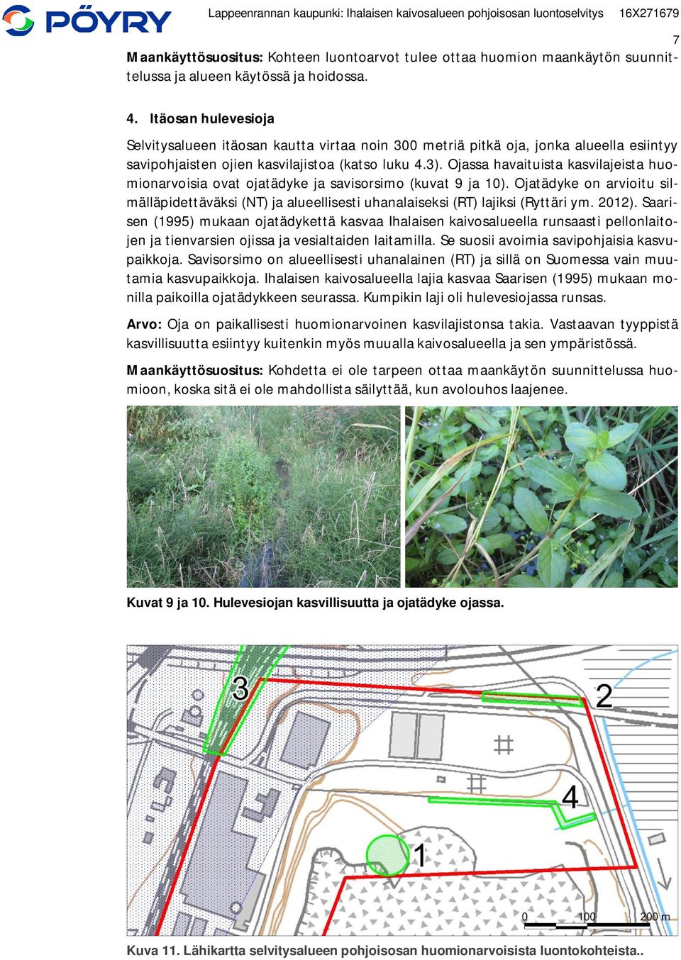 Ojassa havaituista kasvilajeista huomionarvoisia ovat ojatädyke ja savisorsimo (kuvat 9 ja 10). Ojatädyke on arvioitu silmälläpidettäväksi (NT) ja alueellisesti uhanalaiseksi (RT) lajiksi (Ryttäri ym.