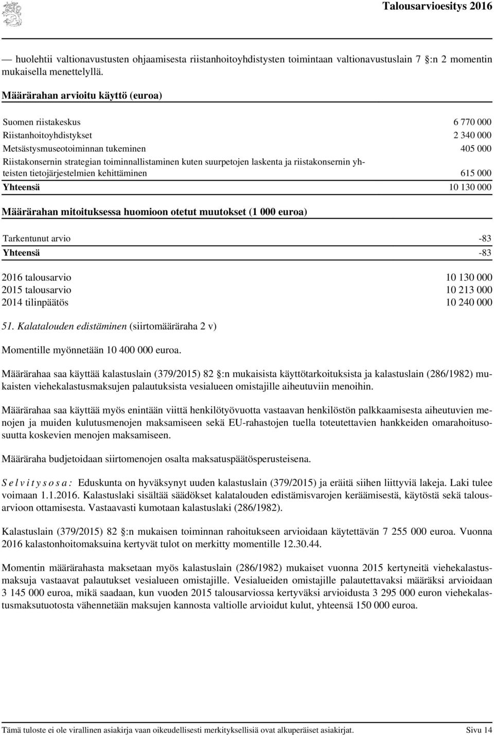 yhteisten tietojärjestelmien kehittäminen 615 000 10 130 000 Tarkentunut arvio -83 2016 talousarvio 10 130 000 2015 talousarvio 10 213 000 2014 tilinpäätös 10 240 000 51.