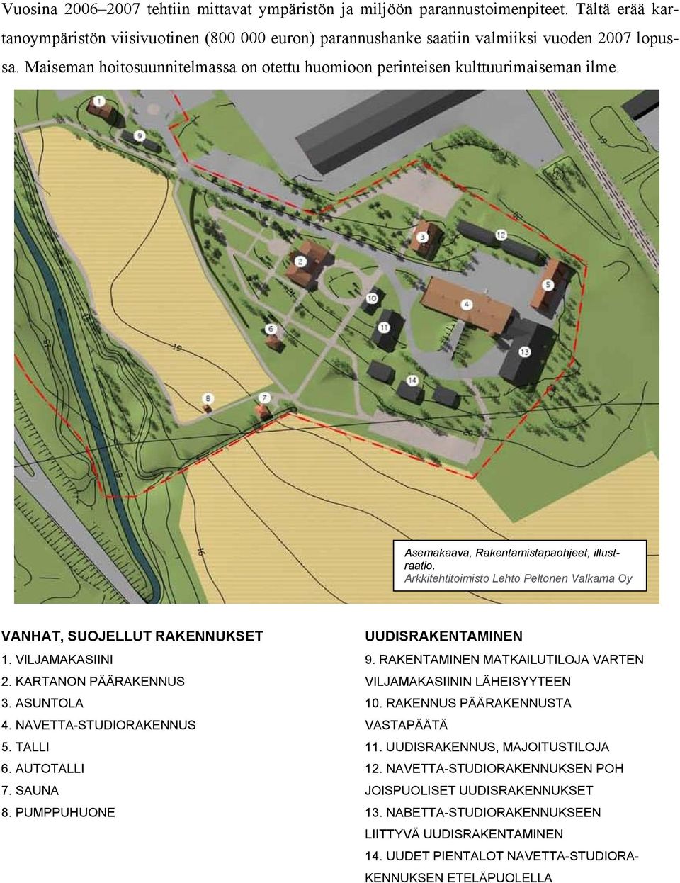 Arkkitehtitoimisto Lehto Peltonen Valkama Oy VANHAT, SUOJELLUT RAKENNUKSET 1. VILJAMAKASIINI 2. KARTANON PÄÄRAKENNUS 3. ASUNTOLA 4. NAVETTA-STUDIORAKENNUS 5. TALLI 6. AUTOTALLI 7. SAUNA 8.