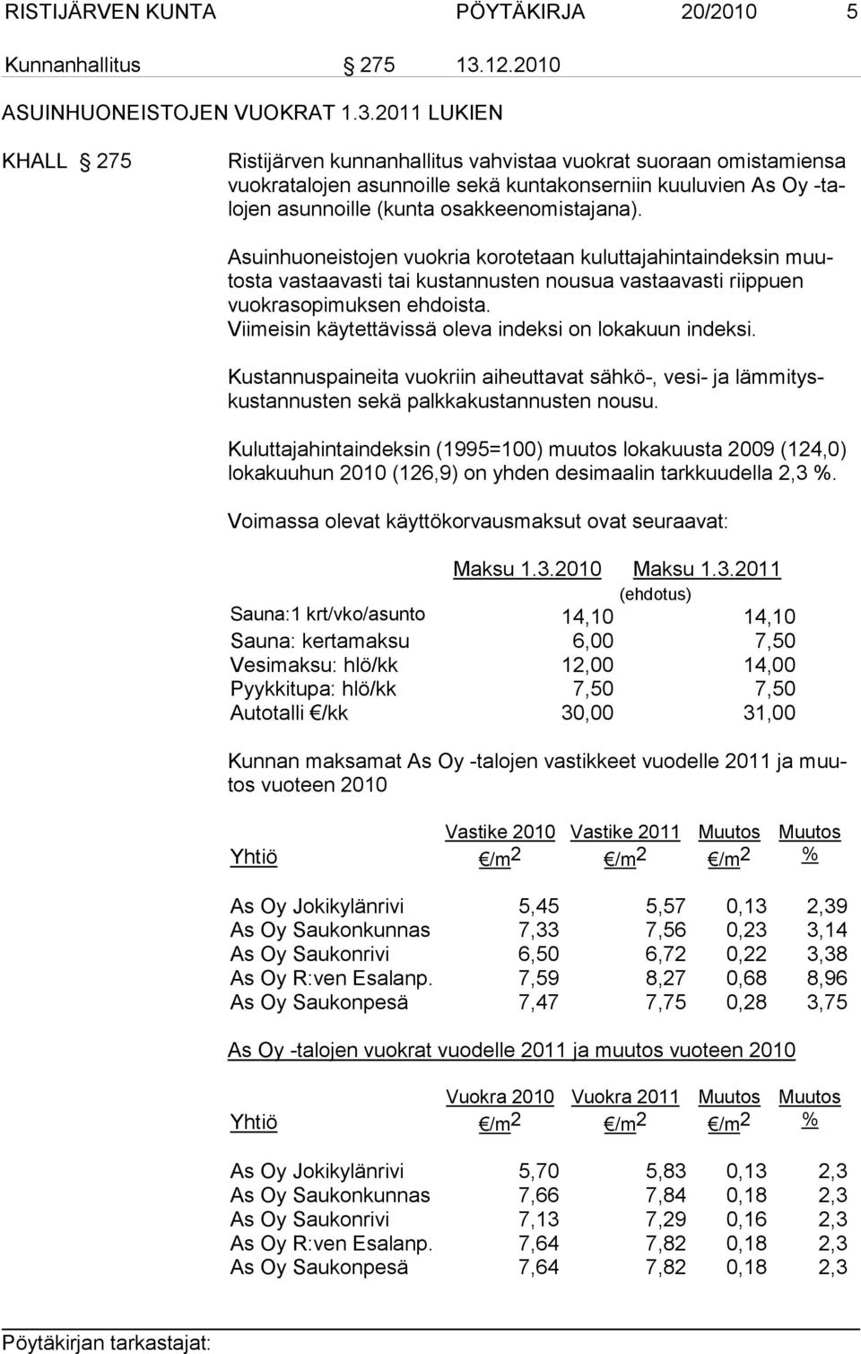 2011 LUKIEN KHALL 275 Ristijärven kunnanhallitus vahvistaa vuokrat suoraan omistamiensa vuokratalojen asunnoille sekä kuntakonserniin kuuluvien As Oy -talojen asunnoille (kunta osakkeenomistajana).