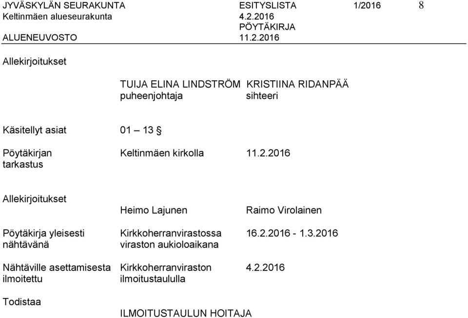 2016 tarkastus Allekirjoitukset Heimo Lajunen Raimo Virolainen Pöytäkirja yleisesti Kirkkoherranvirastossa 16.2.2016-1.