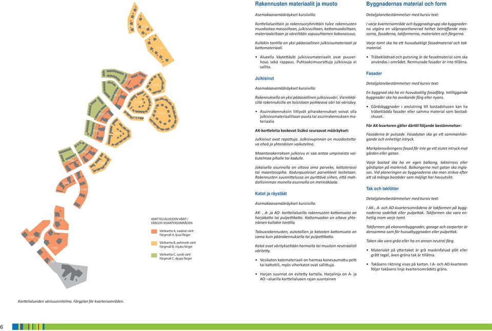 I varje kvartersområde och byggnadsgrupp ska byggnaderna utgöra en välpropor onerad helhet beträffande massorna, fasaderna, takformerna, materialen och färgerna.