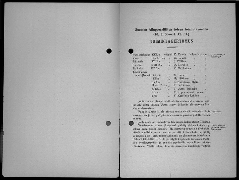 Jhtkunta ja virkailijat. M. Puputti Hj. Hätönen F. Niiniskrpi H:gin P. Leikkanen V. Uuttu Mikkelin Y. Kpperine L:rannan " Y.