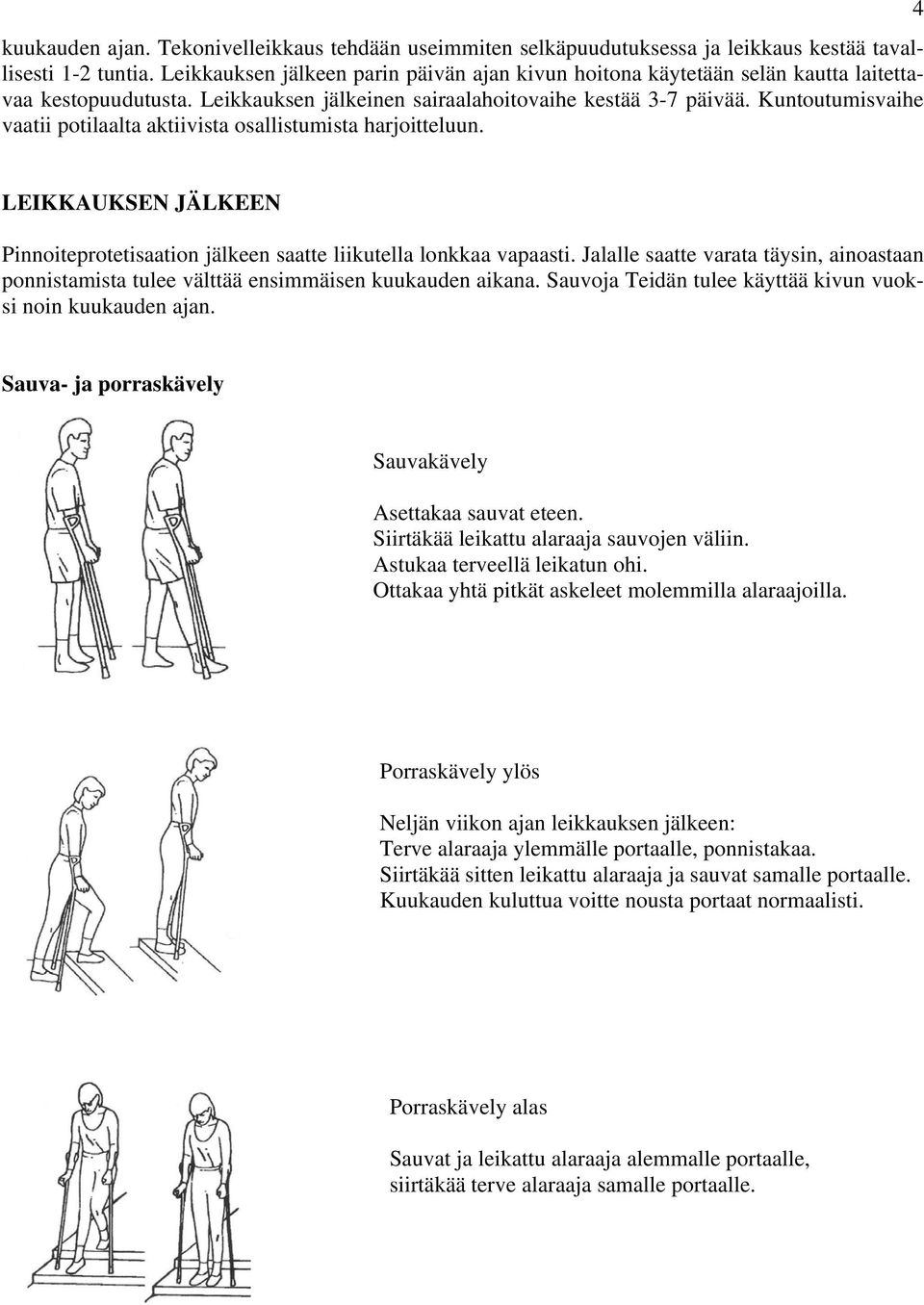 Kuntoutumisvaihe vaatii potilaalta aktiivista osallistumista harjoitteluun. 4 LEIKKAUKSEN JÄLKEEN Pinnoiteprotetisaation jälkeen saatte liikutella lonkkaa vapaasti.
