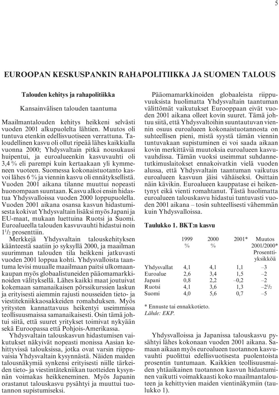 Taloudellinen kasvu oli ollut ripeää lähes kaikkialla vuonna 2000; Yhdysvaltain pitkä nousukausi huipentui, ja euroalueenkin kasvuvauhti oli 3,4 % eli parempi kuin kertaakaan yli kymmeneen vuoteen.