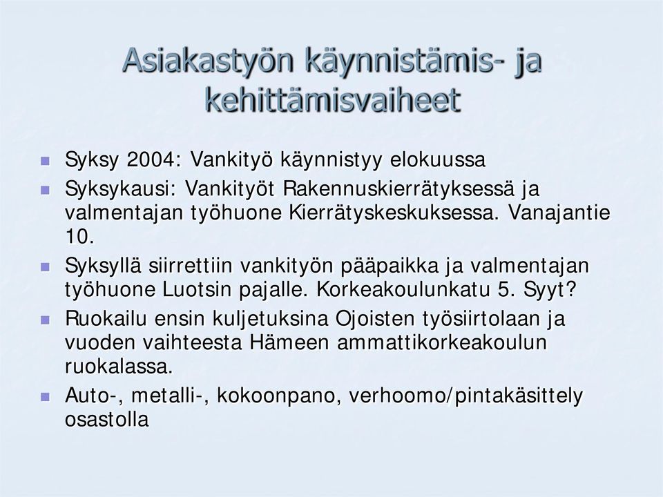 Syksyllä siirrettiin vankityön pääpaikka ja valmentajan työhuone Luotsin pajalle. Korkeakoulunkatu 5. Syyt?