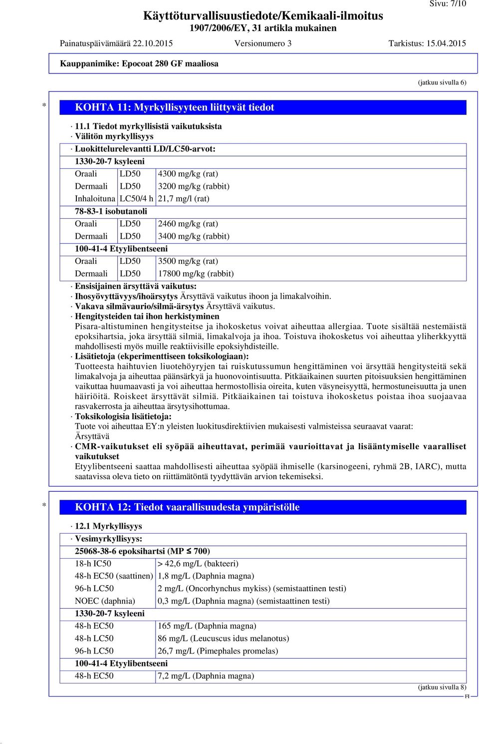 21,7 mg/l (rat) 78-83-1 isobutanoli Oraali LD50 2460 mg/kg (rat) Dermaali LD50 3400 mg/kg (rabbit) 100-41-4 Etyylibentseeni Oraali LD50 3500 mg/kg (rat) Dermaali LD50 17800 mg/kg (rabbit)