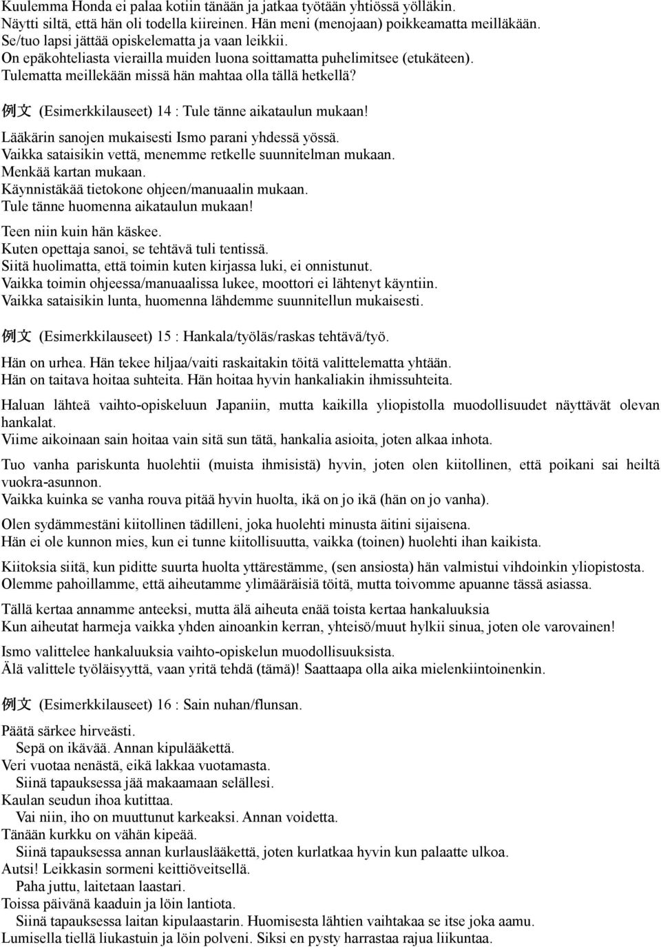 例 文 (Esimerkkilauseet) 14 : Tule tänne aikataulun mukaan! Lääkärin sanojen mukaisesti Ismo parani yhdessä yössä. Vaikka sataisikin vettä, menemme retkelle suunnitelman mukaan. Menkää kartan mukaan.