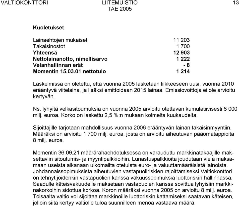 Emissiovoittoja ei ole arvioitu kertyvän. Ns. lyhyitä velkasitoumuksia on vuonna 2005 arvioitu otettavan kumulatiivisesti 6 000 milj. euroa. Korko on laskettu 2,5 %:n mukaan kolmelta kuukaudelta.