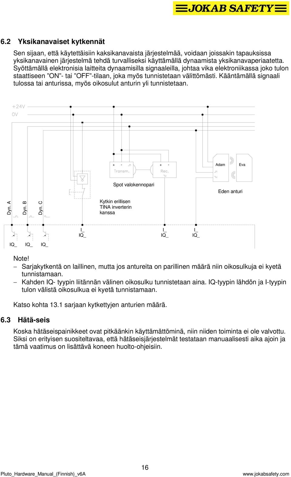 Kääntämällä signaali tulossa tai anturissa, myös oikosulut anturin yli tunnistetaan. + - + - dam Eva Spot valokennopari Eden anturi Dyn.