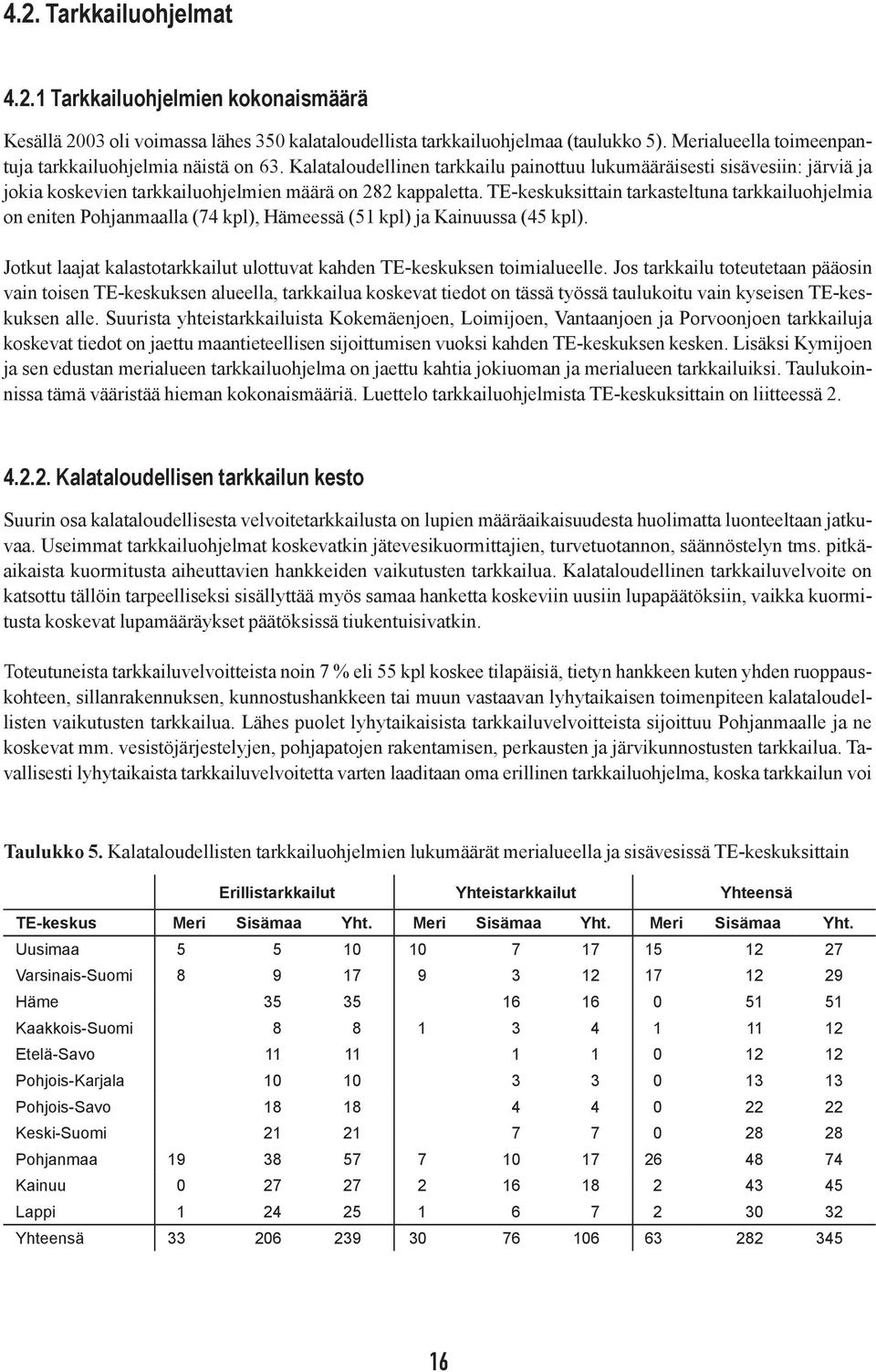 TE-keskuksittain tarkasteltuna tarkkailuohjelmia on eniten Pohjanmaalla (74 kpl), Hämeessä (5 kpl) ja Kainuussa (45 kpl). Jotkut laajat kalastotarkkailut ulottuvat kahden TE-keskuksen toimialueelle.