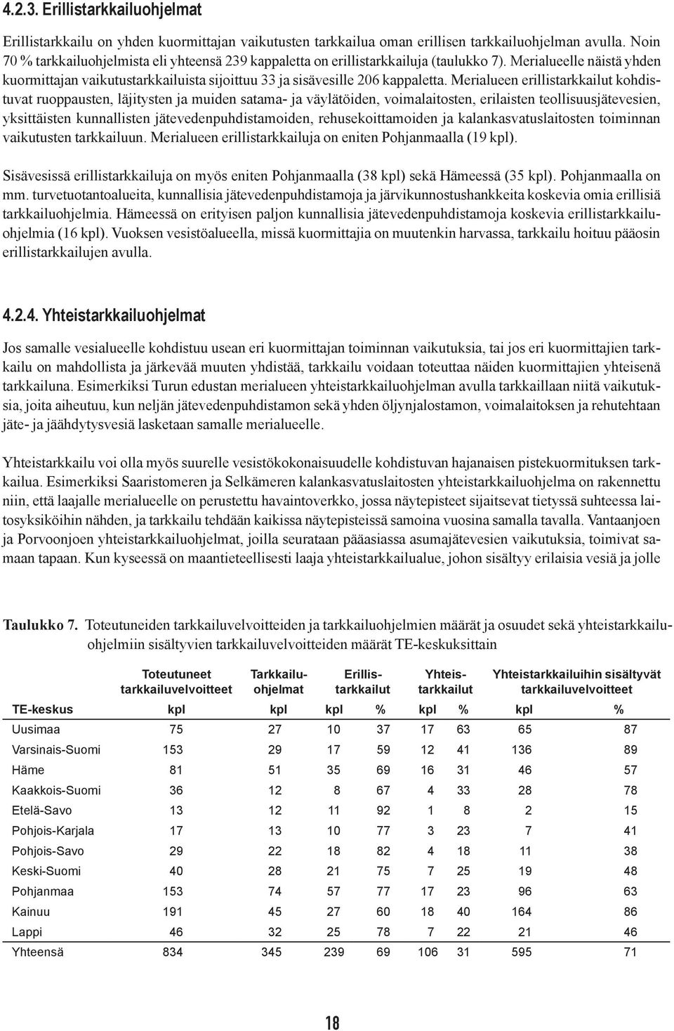 Merialueen erillistarkkailut kohdistuvat ruoppausten, läjitysten ja muiden satama- ja väylätöiden, voimalaitosten, erilaisten teollisuusjätevesien, yksittäisten kunnallisten jätevedenpuhdistamoiden,