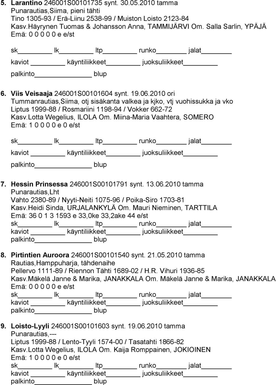 2010 ori Tummanrautias,Siima, otj sisäkanta valkea ja kjko, vtj vuohissukka ja vko Liptus 1999-88 / Rosmariini 1198-94 / Vokker 662-72 Kasv.Lotta Wegelius, ILOLA Om.