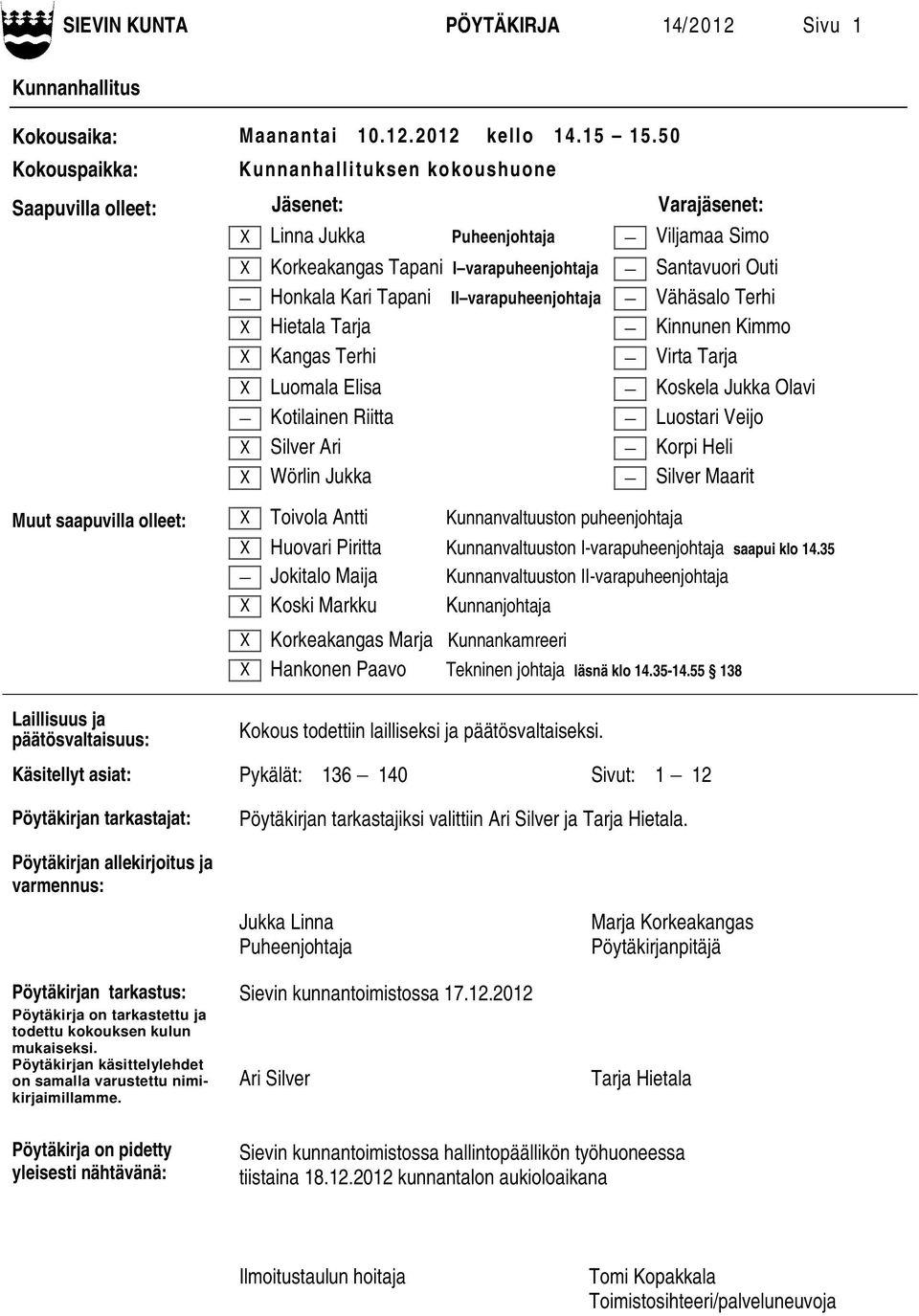 Kari Tapani II varapuheenjohtaja Vähäsalo Terhi X Hietala Tarja Kinnunen Kimmo X Kangas Terhi Virta Tarja X Luomala Elisa Koskela Jukka Olavi Kotilainen Riitta Luostari Veijo X Silver Ari Korpi Heli
