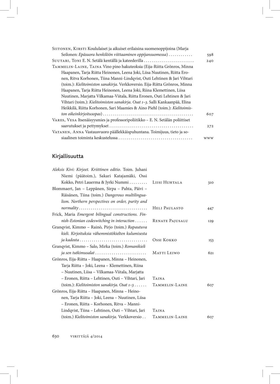........................ 240 Tammelin-Laine, Taina Vino pino hakuteoksia (Eija-Riitta Grönros, Minna Haapanen, Tarja Riitta Heinonen, Leena Joki, Liisa Nuutinen, Riitta Eronen, Ritva Korhonen, Tiina