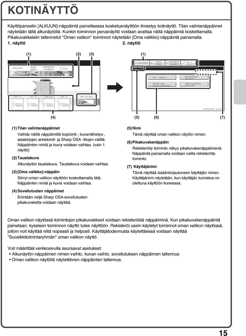 näyttö (1) (2) (3) (1) KOPIOINTI KUVAN LÄHEYS DOKUMENTIN TALLENNUS KOPIOINTI Oma valikko KUVAN LÄHEYS DOKUMENTIN TALLENNUS Kok. Laskuri Asiakirjan Arkist.