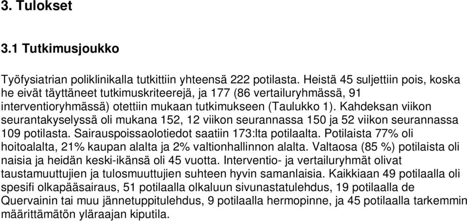 Kahdeksan viikon seurantakyselyssä oli mukana 152, 12 viikon seurannassa 150 ja 52 viikon seurannassa 109 potilasta. Sairauspoissaolotiedot saatiin 173:lta potilaalta.