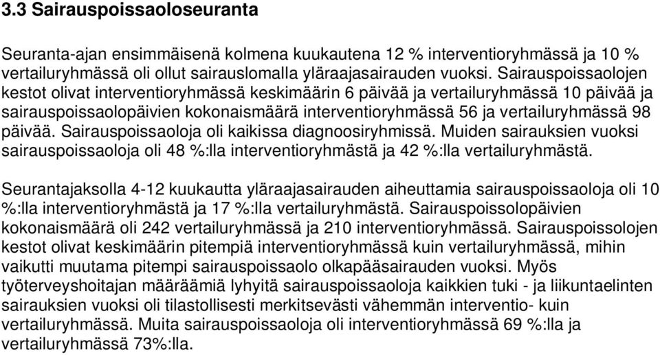 Sairauspoissaoloja oli kaikissa diagnoosiryhmissä. Muiden sairauksien vuoksi sairauspoissaoloja oli 48 %:lla interventioryhmästä ja 42 %:lla vertailuryhmästä.