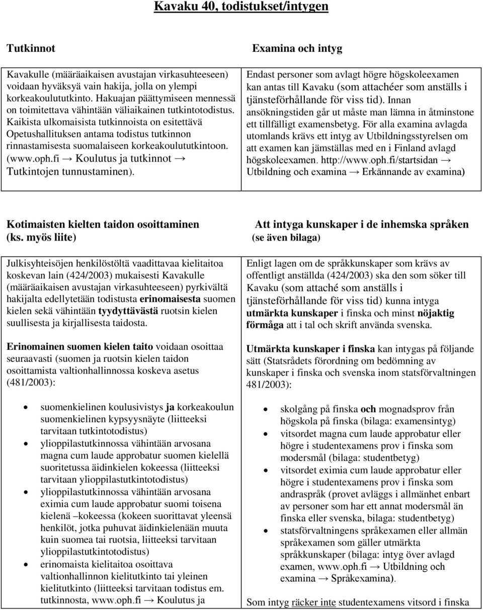 Kaikista ulkomaisista tutkinnoista on esitettävä Opetushallituksen antama todistus tutkinnon rinnastamisesta suomalaiseen korkeakoulututkintoon. (www.oph.