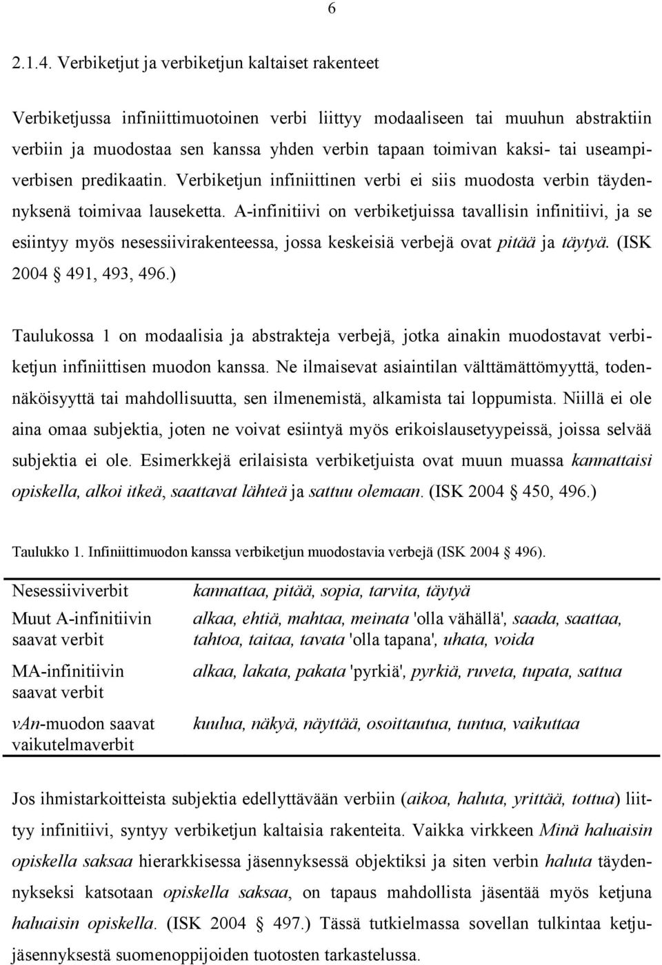 tai useampiverbisen predikaatin. Verbiketjun infiniittinen verbi ei siis muodosta verbin täydennyksenä toimivaa lauseketta.